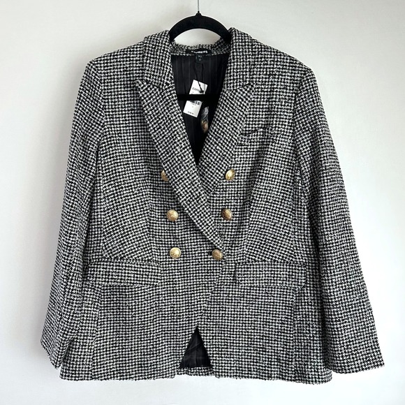 NWT Express Blazer Tweed Houndstooth Double Breasted Gold Button